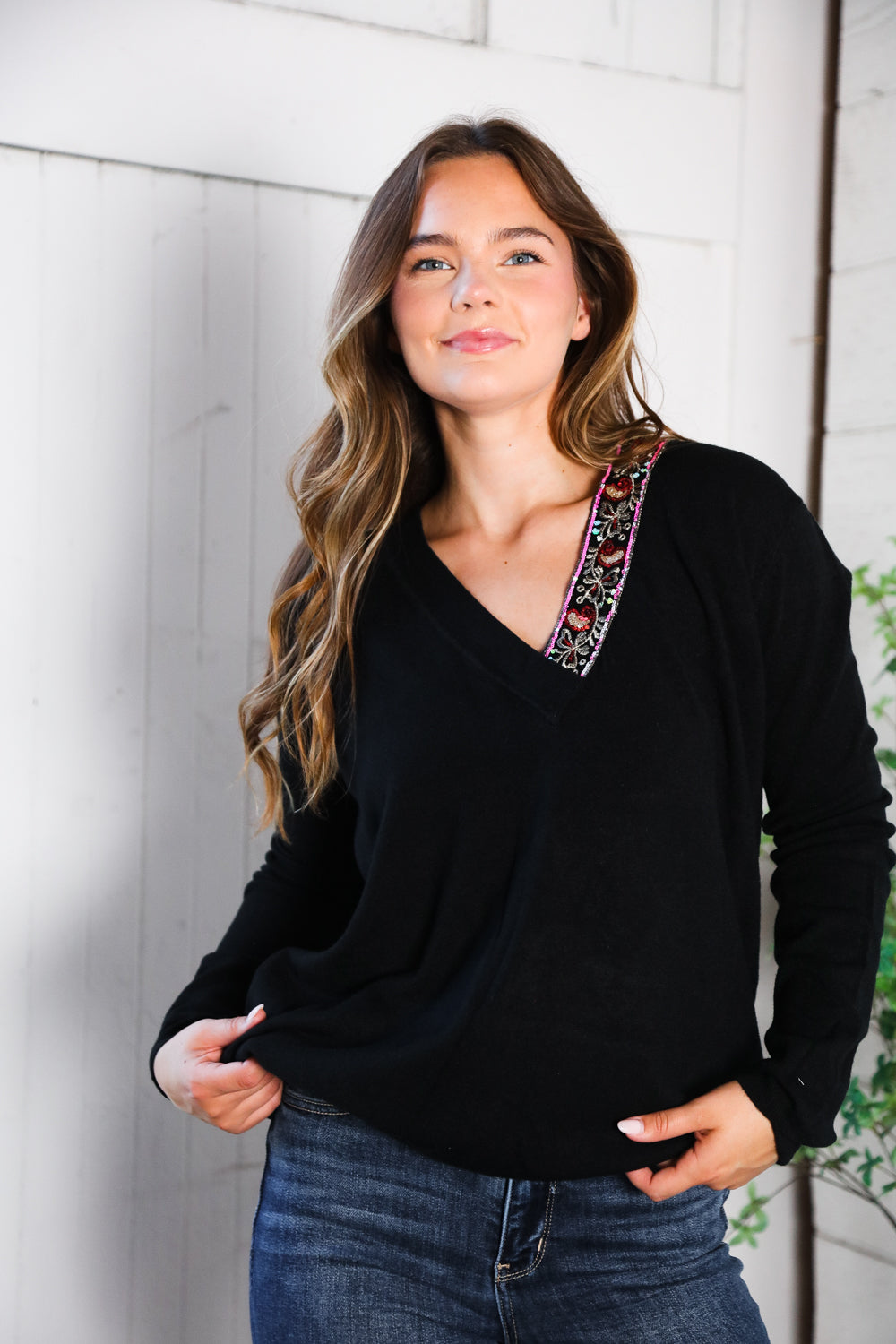 Twilight Charms Beaded V Neck Sweater